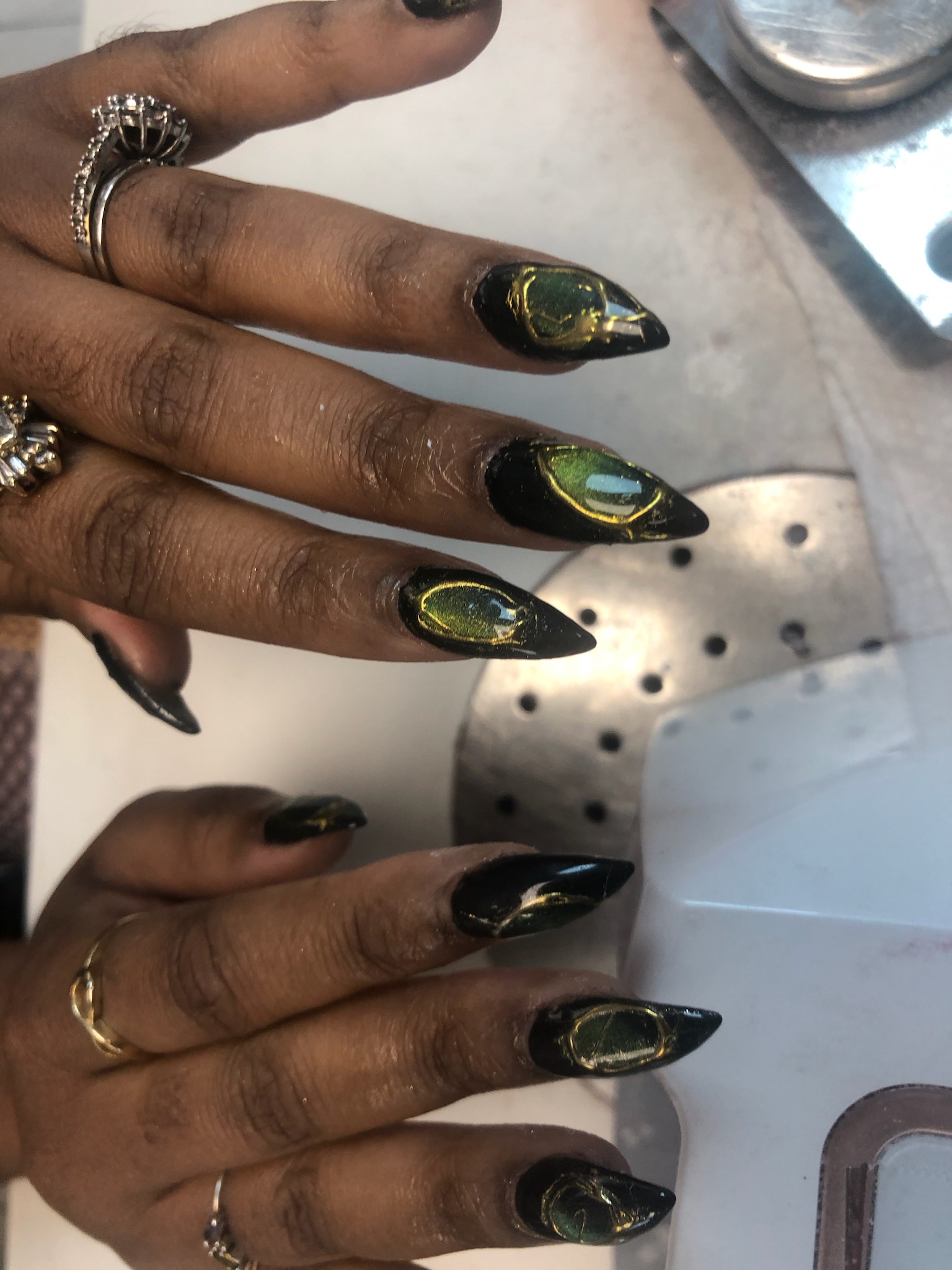 Nude almond nails with 3D white floral art
