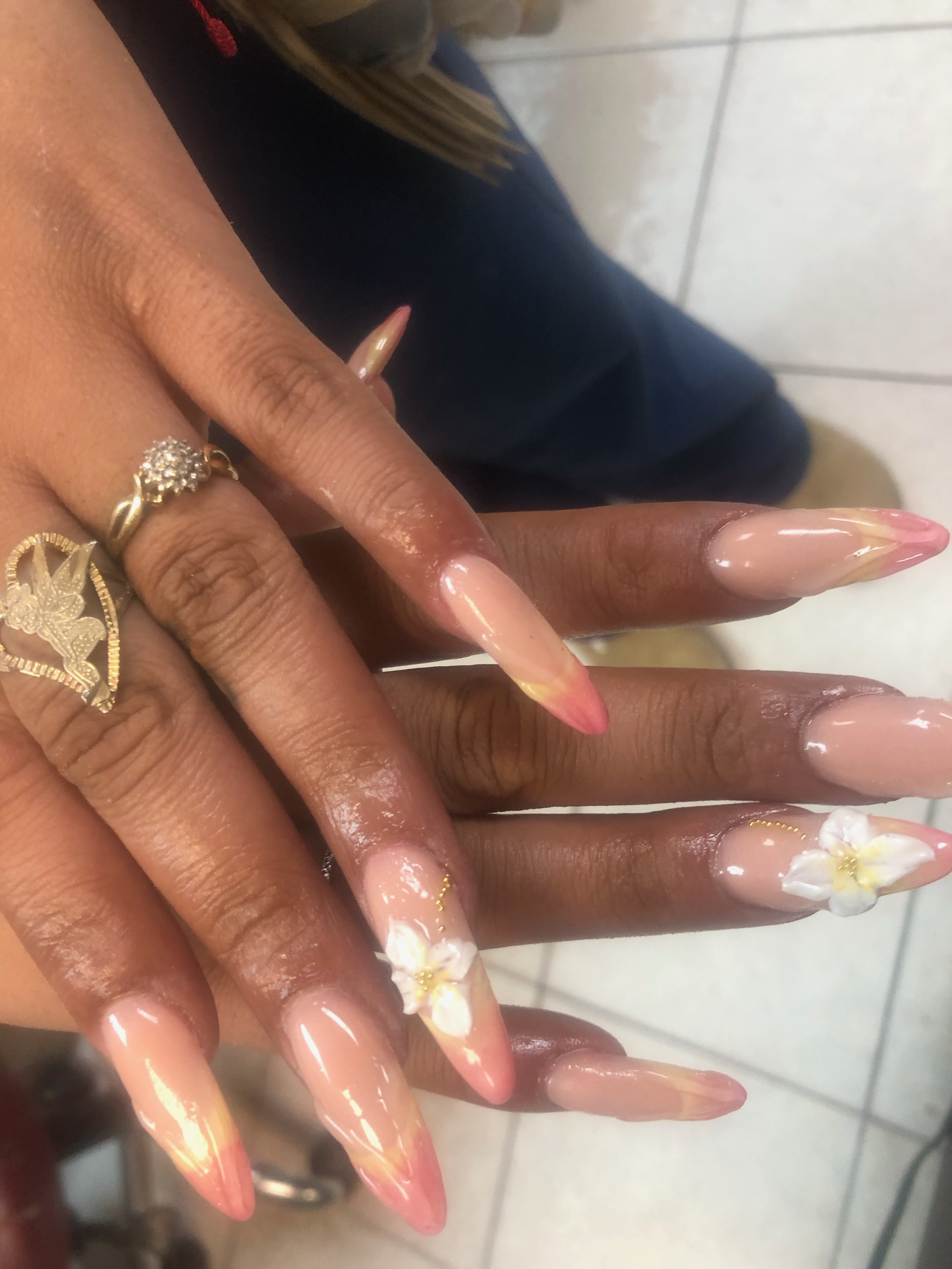 Pink and white swirl design with rhinestone accents